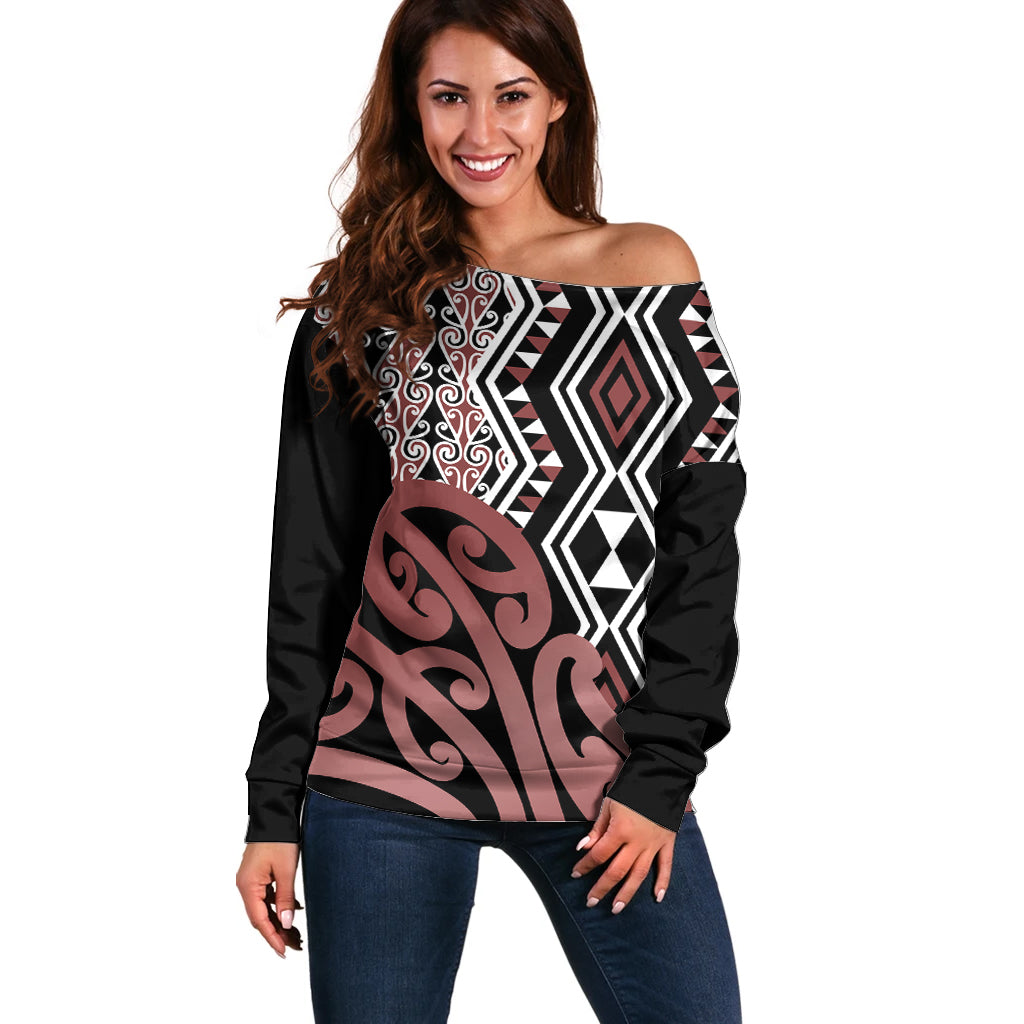 New Zealand Off Shoulder Sweater Aotearoa Kowhaiwhai Mix Taniko Art - Wonder Print Shop
