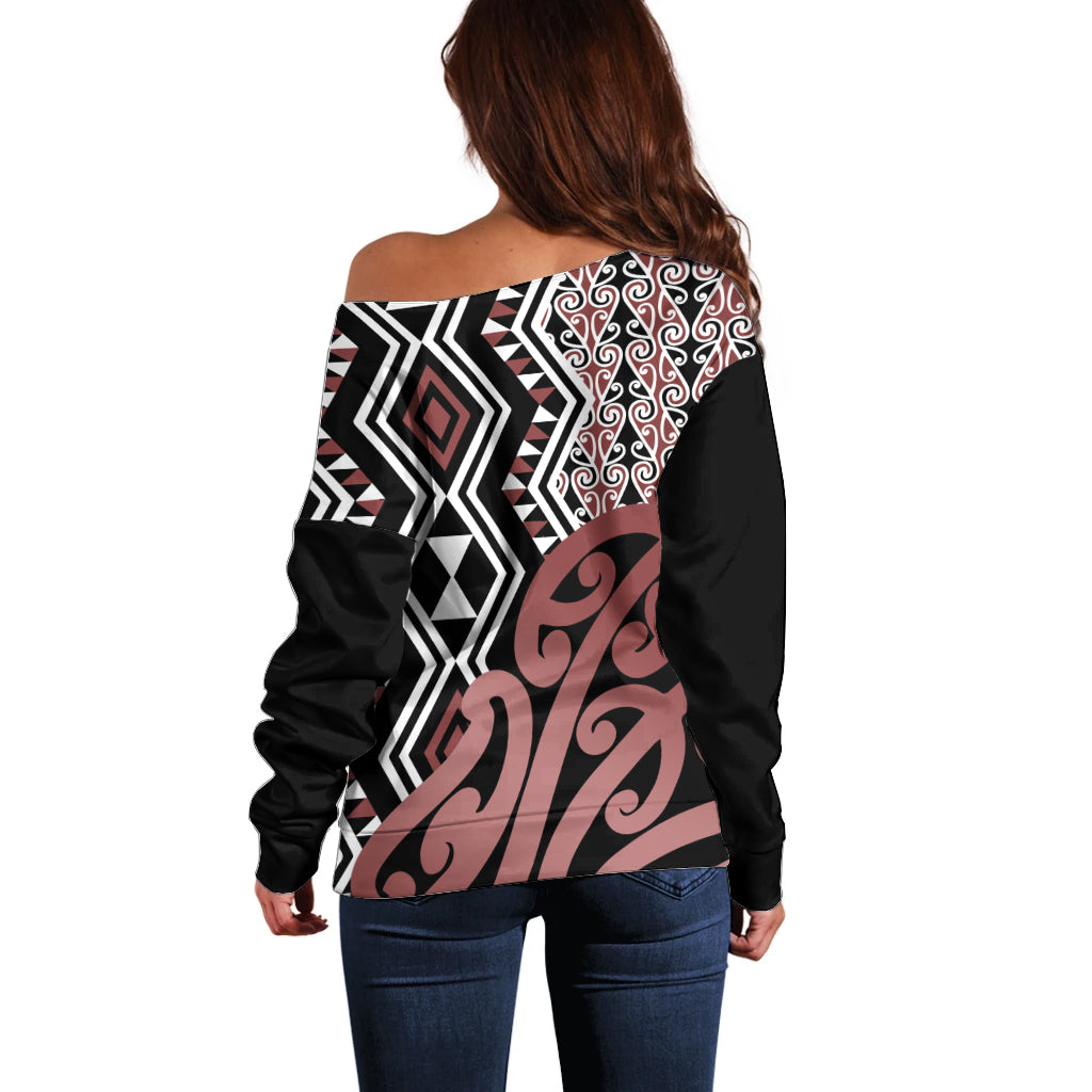 New Zealand Off Shoulder Sweater Aotearoa Kowhaiwhai Mix Taniko Art - Wonder Print Shop