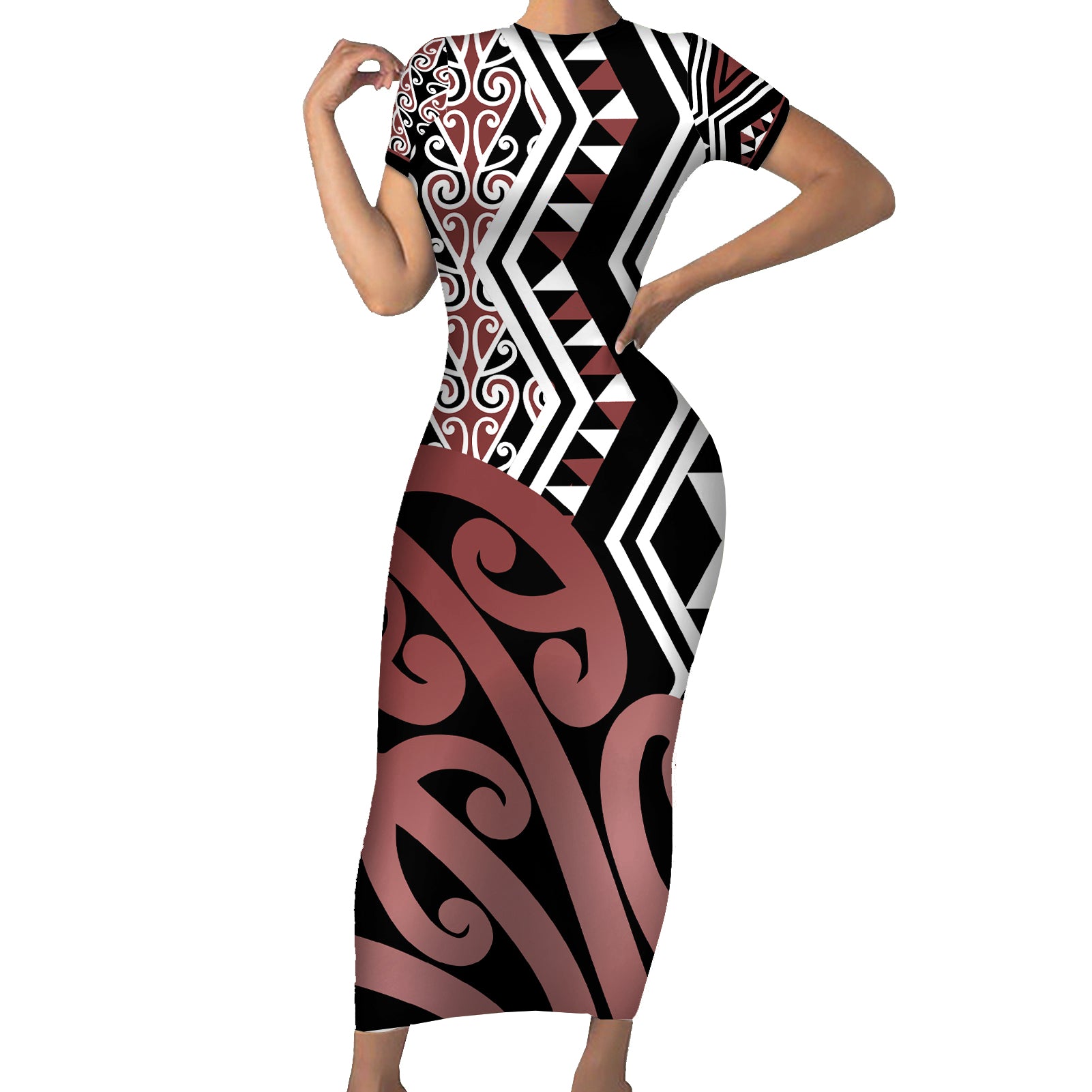 New Zealand Short Sleeve Bodycon Dress Aotearoa Kowhaiwhai Mix Taniko Art - Wonder Print Shop