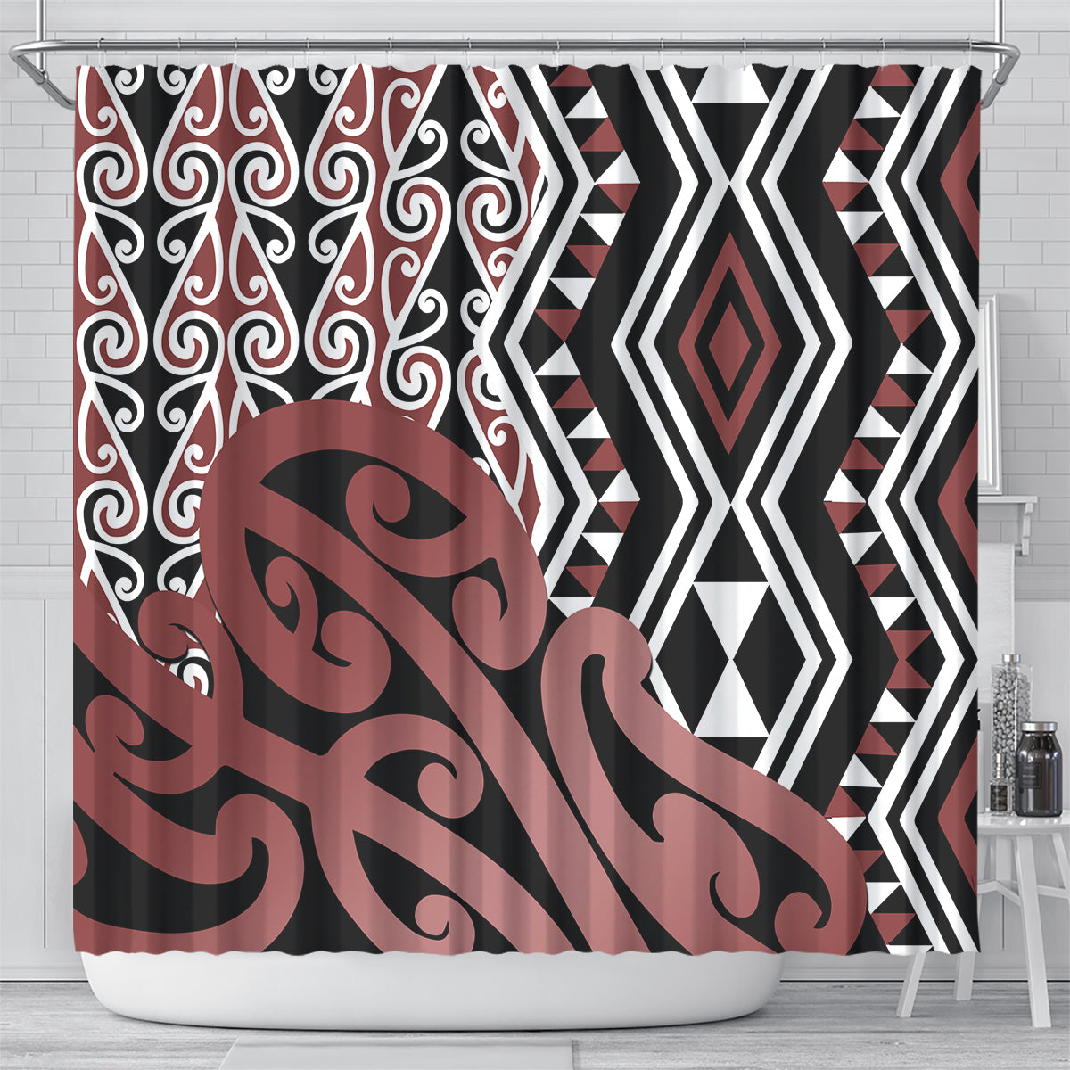 new-zealand-shower-curtain-aotearoa-kowhaiwhai-mix-taniko-art