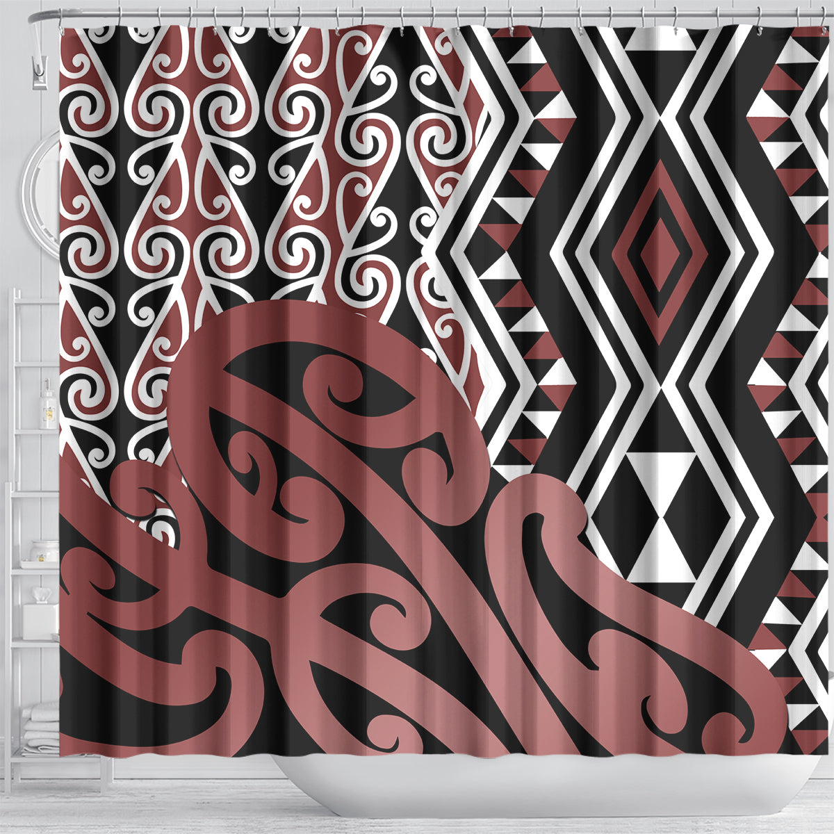 new-zealand-shower-curtain-aotearoa-kowhaiwhai-mix-taniko-art