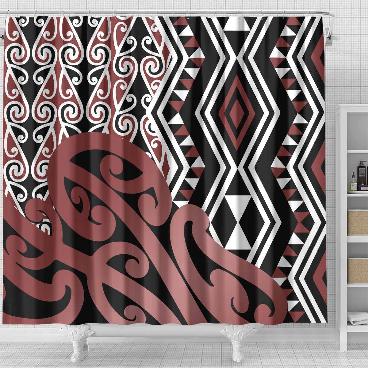 new-zealand-shower-curtain-aotearoa-kowhaiwhai-mix-taniko-art