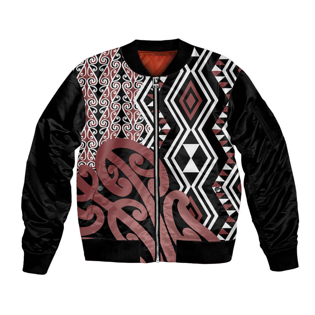 New Zealand Sleeve Zip Bomber Jacket Aotearoa Kowhaiwhai Mix Taniko Art - Wonder Print Shop
