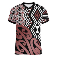 New Zealand Women V Neck T Shirt Aotearoa Kowhaiwhai Mix Taniko Art - Wonder Print Shop