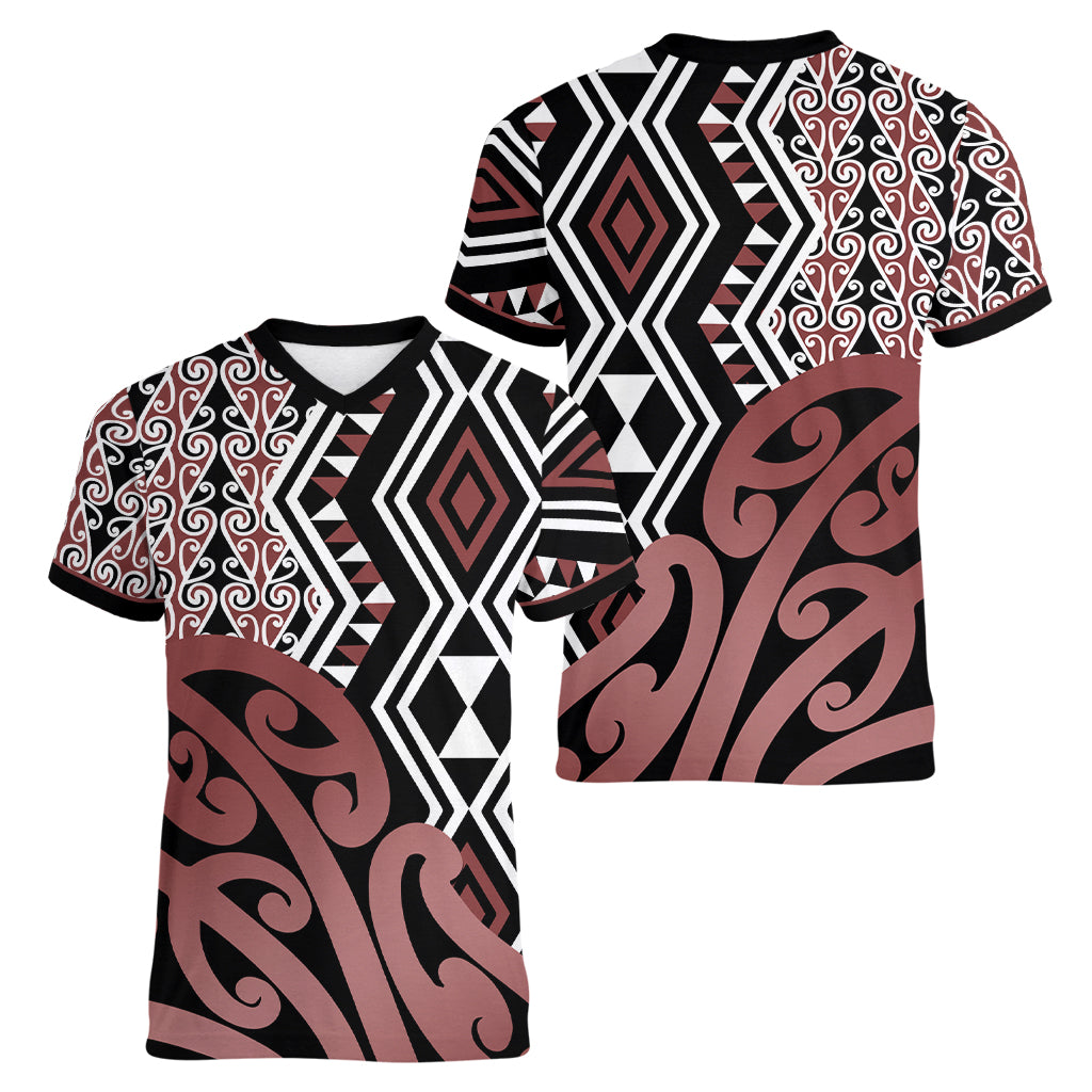 New Zealand Women V Neck T Shirt Aotearoa Kowhaiwhai Mix Taniko Art - Wonder Print Shop