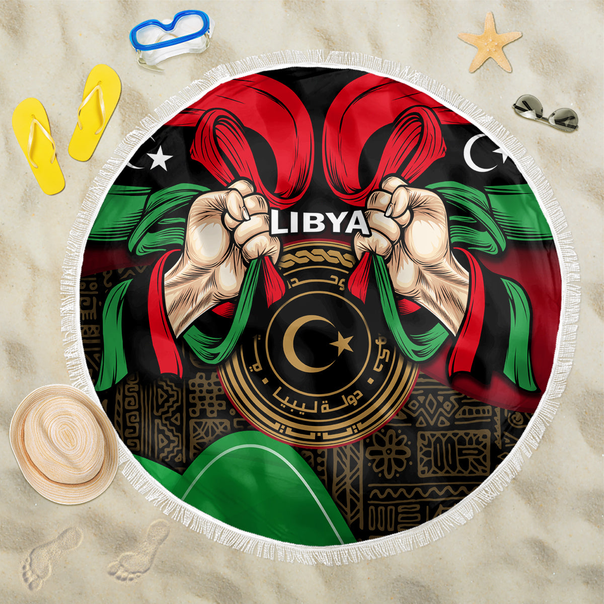 Libya Independence Day Beach Blanket Happy 24 December African Pattern Flag Style - Wonder Print Shop