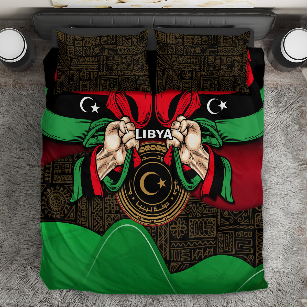 Libya Independence Day Bedding Set Happy 24 December African Pattern Flag Style - Wonder Print Shop