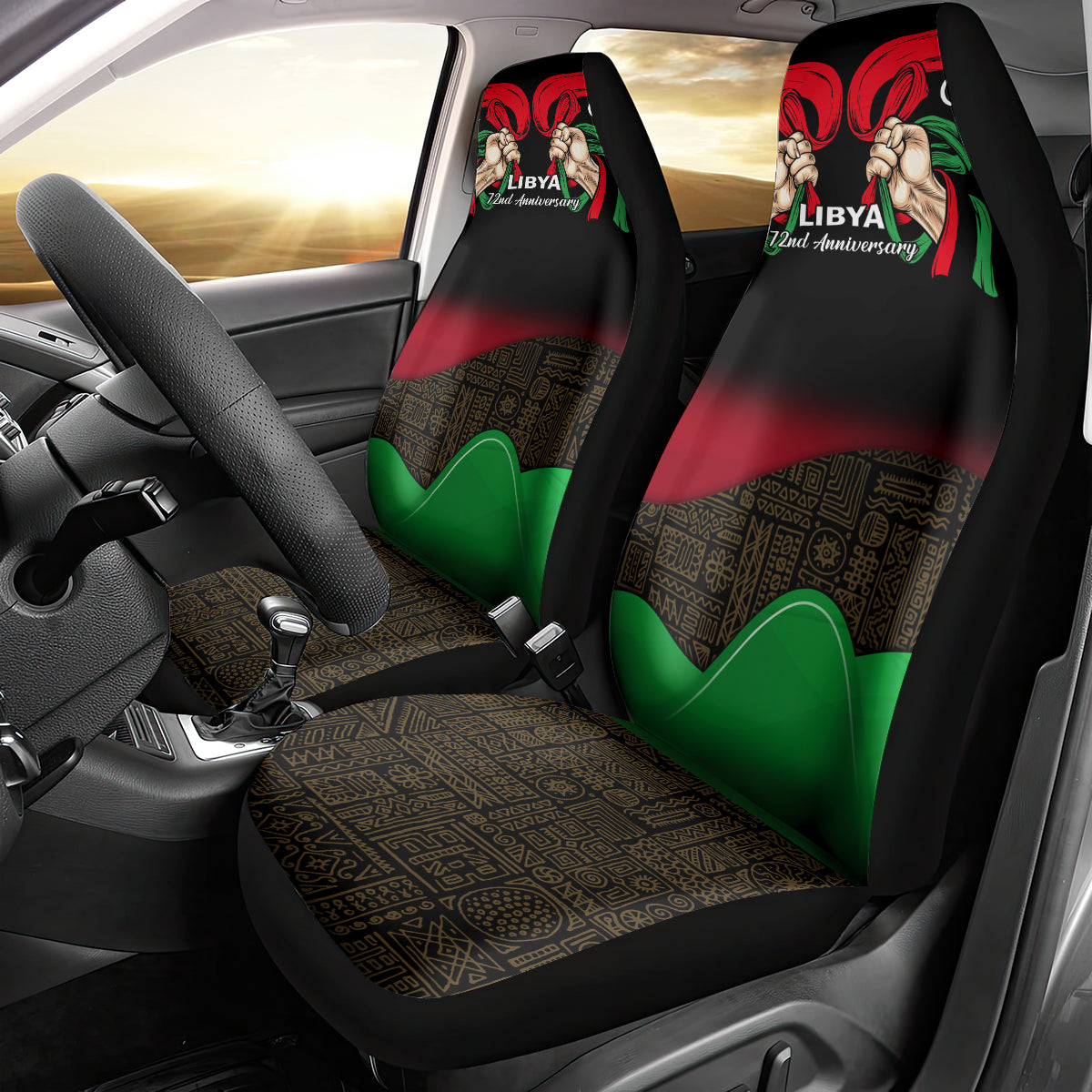 Libya Independence Day Car Seat Cover Happy 24 December African Pattern Flag Style - Wonder Print Shop