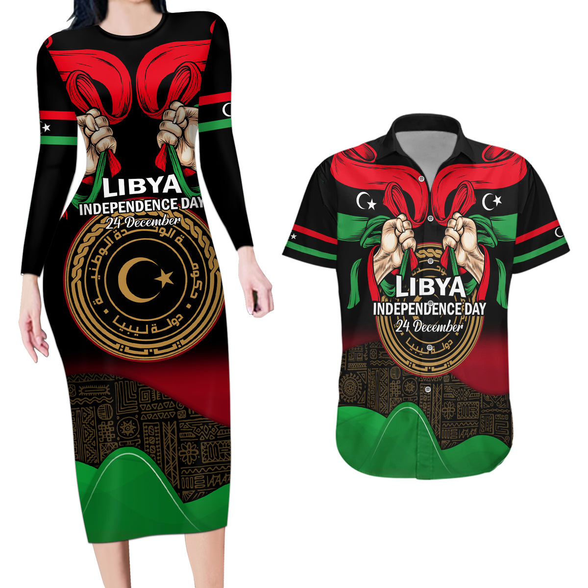 Libya Independence Day Couples Matching Long Sleeve Bodycon Dress and Hawaiian Shirt Happy 24 December African Pattern Flag Style - Wonder Print Shop