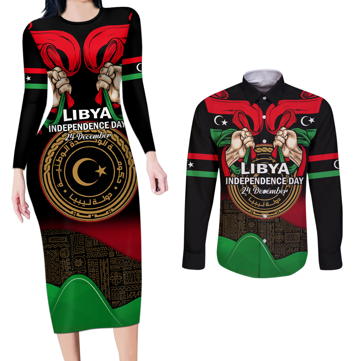 Libya Independence Day Couples Matching Long Sleeve Bodycon Dress and Long Sleeve Button Shirt Happy 24 December African Pattern Flag Style - Wonder Print Shop