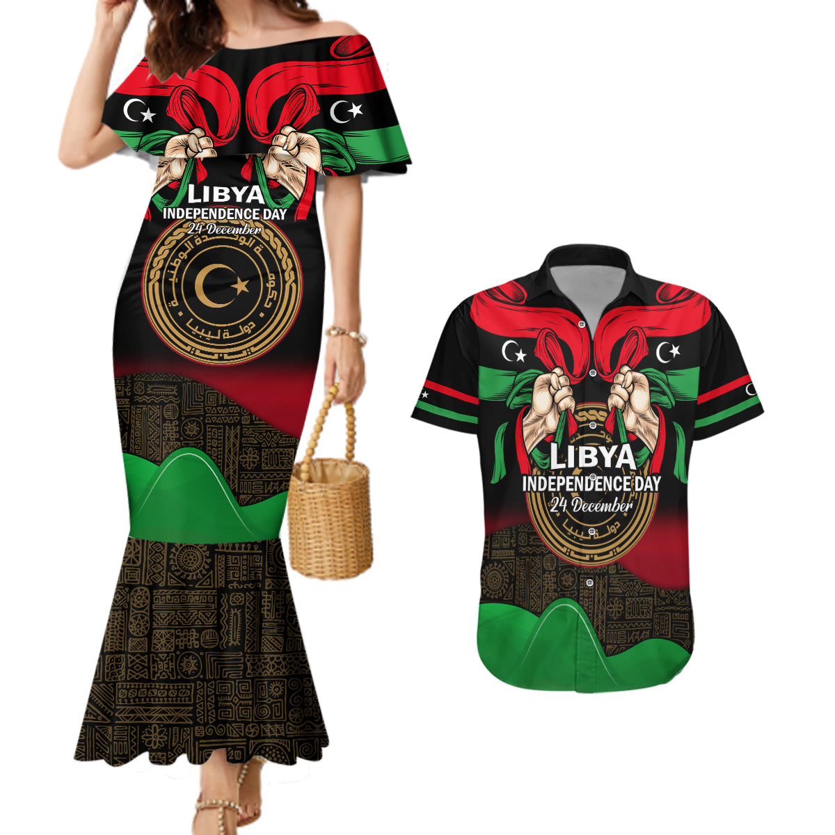 Libya Independence Day Couples Matching Mermaid Dress and Hawaiian Shirt Happy 24 December African Pattern Flag Style - Wonder Print Shop