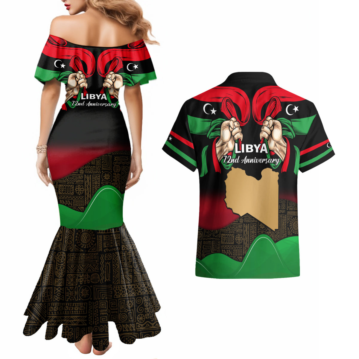 Libya Independence Day Couples Matching Mermaid Dress and Hawaiian Shirt Happy 24 December African Pattern Flag Style - Wonder Print Shop
