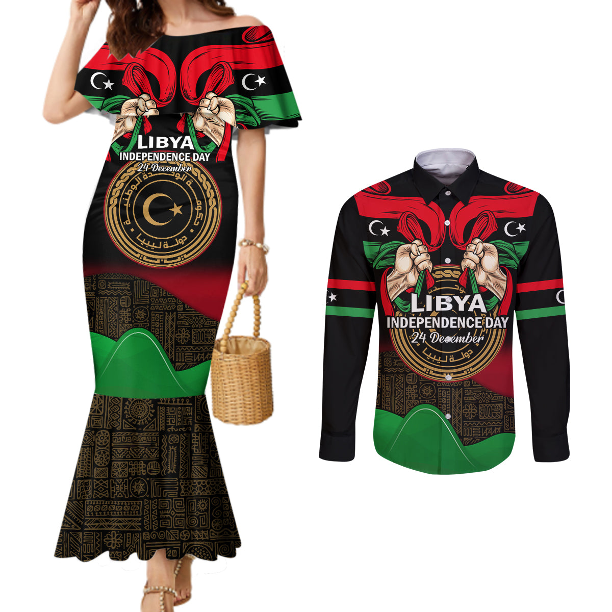 libya-independence-day-couples-matching-mermaid-dress-and-long-sleeve-button-shirt-happy-24-december-african-pattern-flag-style