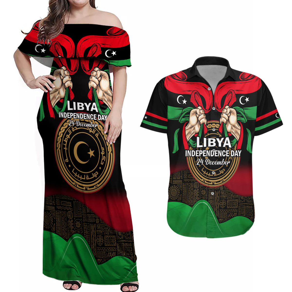 Libya Independence Day Couples Matching Off Shoulder Maxi Dress and Hawaiian Shirt Happy 24 December African Pattern Flag Style - Wonder Print Shop