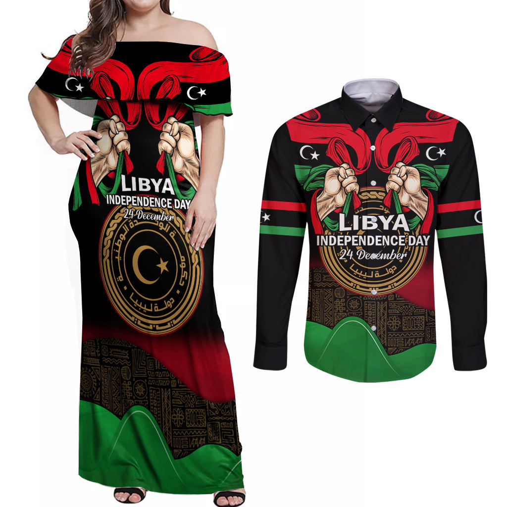 Libya Independence Day Couples Matching Off Shoulder Maxi Dress and Long Sleeve Button Shirt Happy 24 December African Pattern Flag Style - Wonder Print Shop