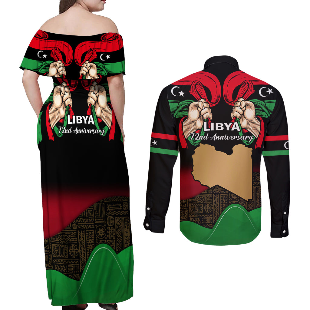 Libya Independence Day Couples Matching Off Shoulder Maxi Dress and Long Sleeve Button Shirt Happy 24 December African Pattern Flag Style - Wonder Print Shop