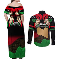 Libya Independence Day Couples Matching Off Shoulder Maxi Dress and Long Sleeve Button Shirt Happy 24 December African Pattern Flag Style - Wonder Print Shop