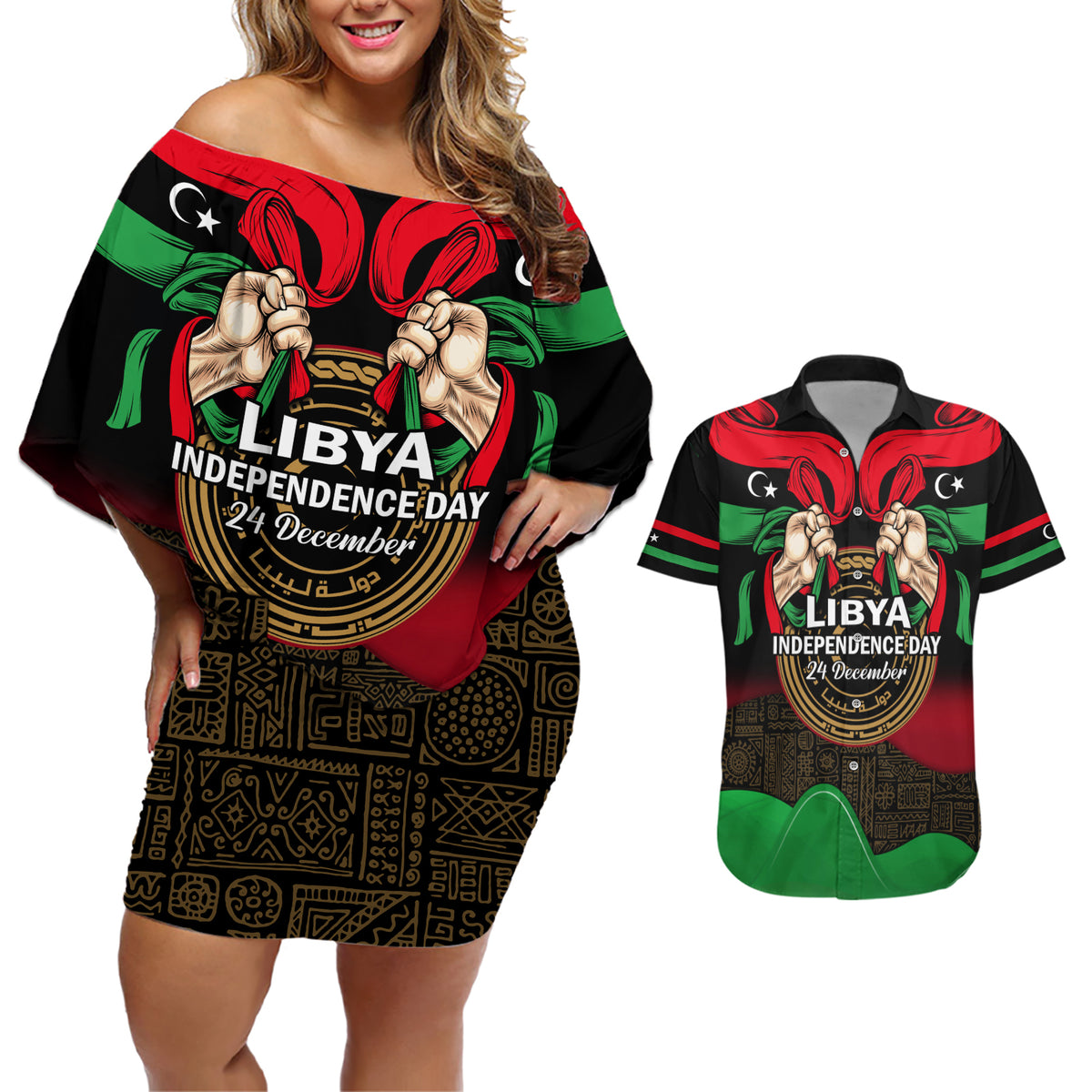 Libya Independence Day Couples Matching Off Shoulder Short Dress and Hawaiian Shirt Happy 24 December African Pattern Flag Style - Wonder Print Shop