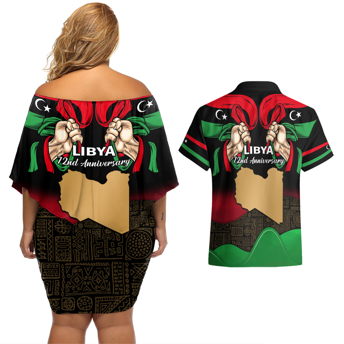 Libya Independence Day Couples Matching Off Shoulder Short Dress and Hawaiian Shirt Happy 24 December African Pattern Flag Style - Wonder Print Shop