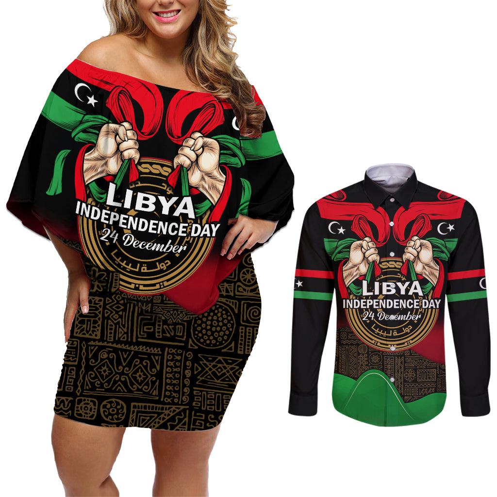 Libya Independence Day Couples Matching Off Shoulder Short Dress and Long Sleeve Button Shirt Happy 24 December African Pattern Flag Style - Wonder Print Shop