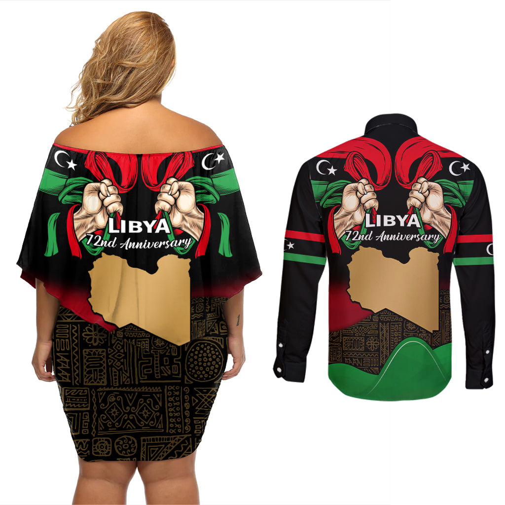 Libya Independence Day Couples Matching Off Shoulder Short Dress and Long Sleeve Button Shirt Happy 24 December African Pattern Flag Style - Wonder Print Shop