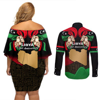 Libya Independence Day Couples Matching Off Shoulder Short Dress and Long Sleeve Button Shirt Happy 24 December African Pattern Flag Style - Wonder Print Shop