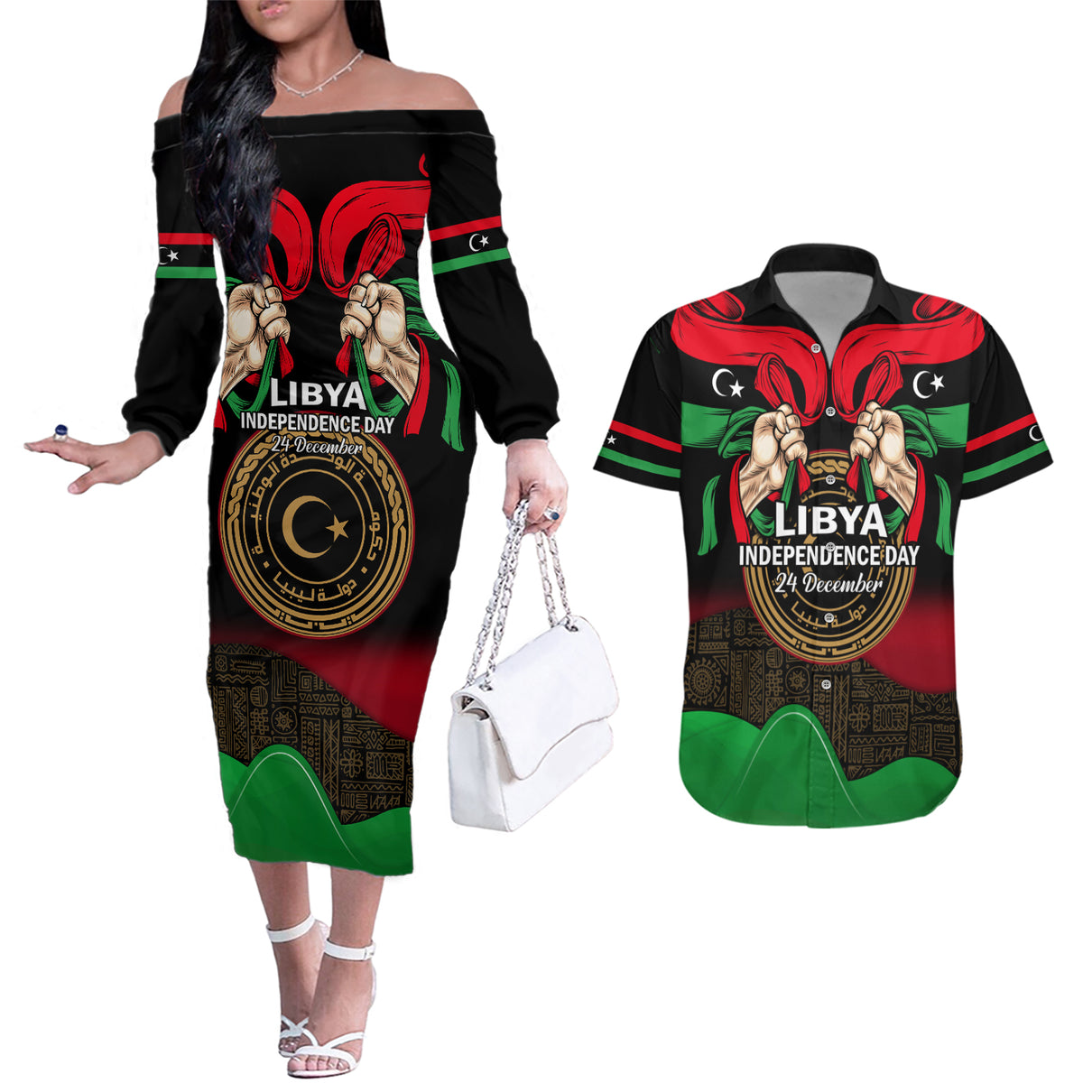 Libya Independence Day Couples Matching Off The Shoulder Long Sleeve Dress and Hawaiian Shirt Happy 24 December African Pattern Flag Style - Wonder Print Shop