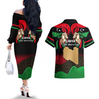 Libya Independence Day Couples Matching Off The Shoulder Long Sleeve Dress and Hawaiian Shirt Happy 24 December African Pattern Flag Style - Wonder Print Shop