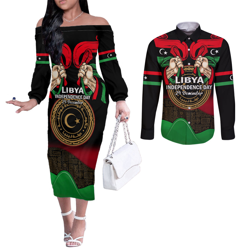 libya-independence-day-couples-matching-off-the-shoulder-long-sleeve-dress-and-long-sleeve-button-shirt-happy-24-december-african-pattern-flag-style