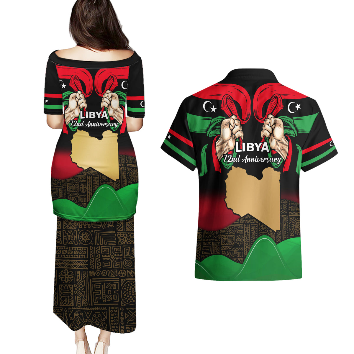 Libya Independence Day Couples Matching Puletasi Dress and Hawaiian Shirt Happy 24 December African Pattern Flag Style - Wonder Print Shop