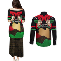 Libya Independence Day Couples Matching Puletasi Dress and Long Sleeve Button Shirt Happy 24 December African Pattern Flag Style - Wonder Print Shop