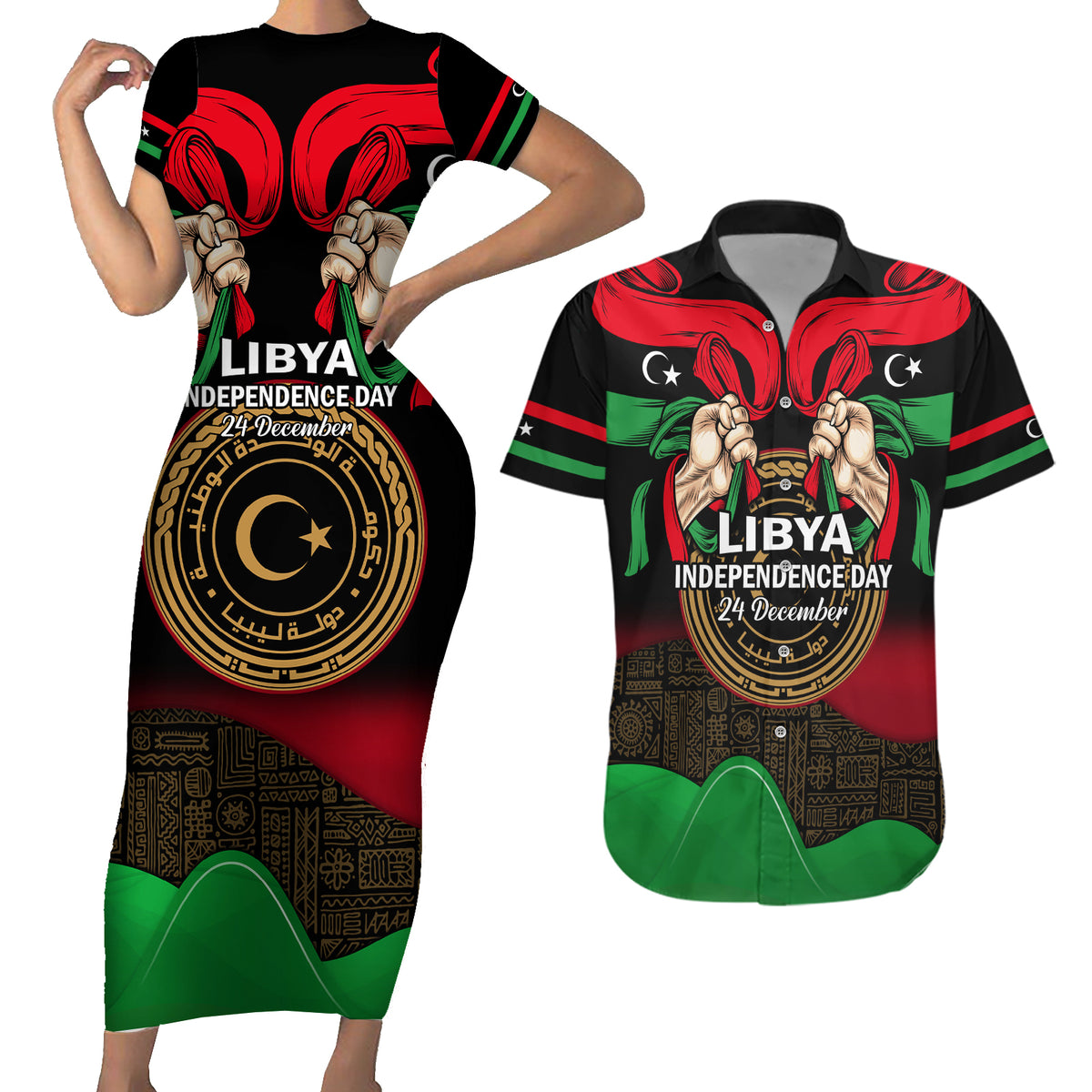 Libya Independence Day Couples Matching Short Sleeve Bodycon Dress and Hawaiian Shirt Happy 24 December African Pattern Flag Style - Wonder Print Shop