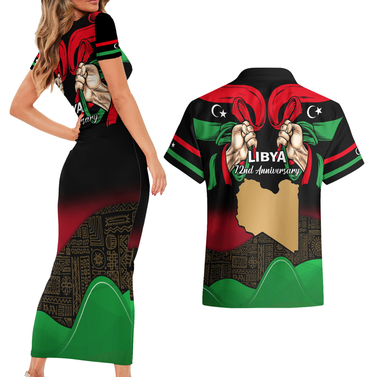 Libya Independence Day Couples Matching Short Sleeve Bodycon Dress and Hawaiian Shirt Happy 24 December African Pattern Flag Style - Wonder Print Shop