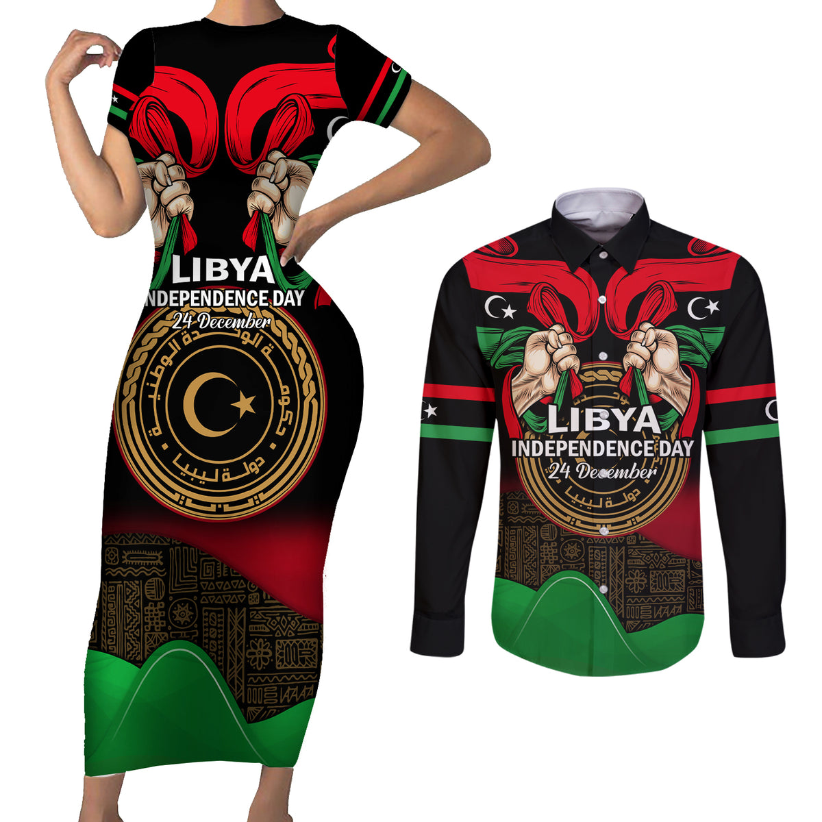 Libya Independence Day Couples Matching Short Sleeve Bodycon Dress and Long Sleeve Button Shirt Happy 24 December African Pattern Flag Style - Wonder Print Shop