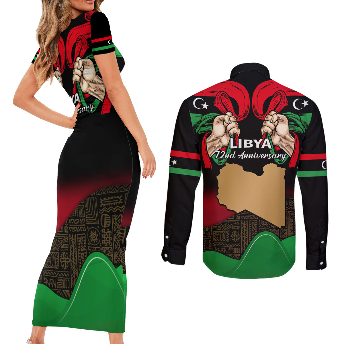 Libya Independence Day Couples Matching Short Sleeve Bodycon Dress and Long Sleeve Button Shirt Happy 24 December African Pattern Flag Style - Wonder Print Shop