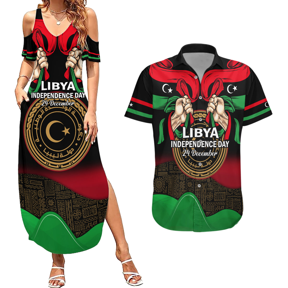 Libya Independence Day Couples Matching Summer Maxi Dress and Hawaiian Shirt Happy 24 December African Pattern Flag Style - Wonder Print Shop