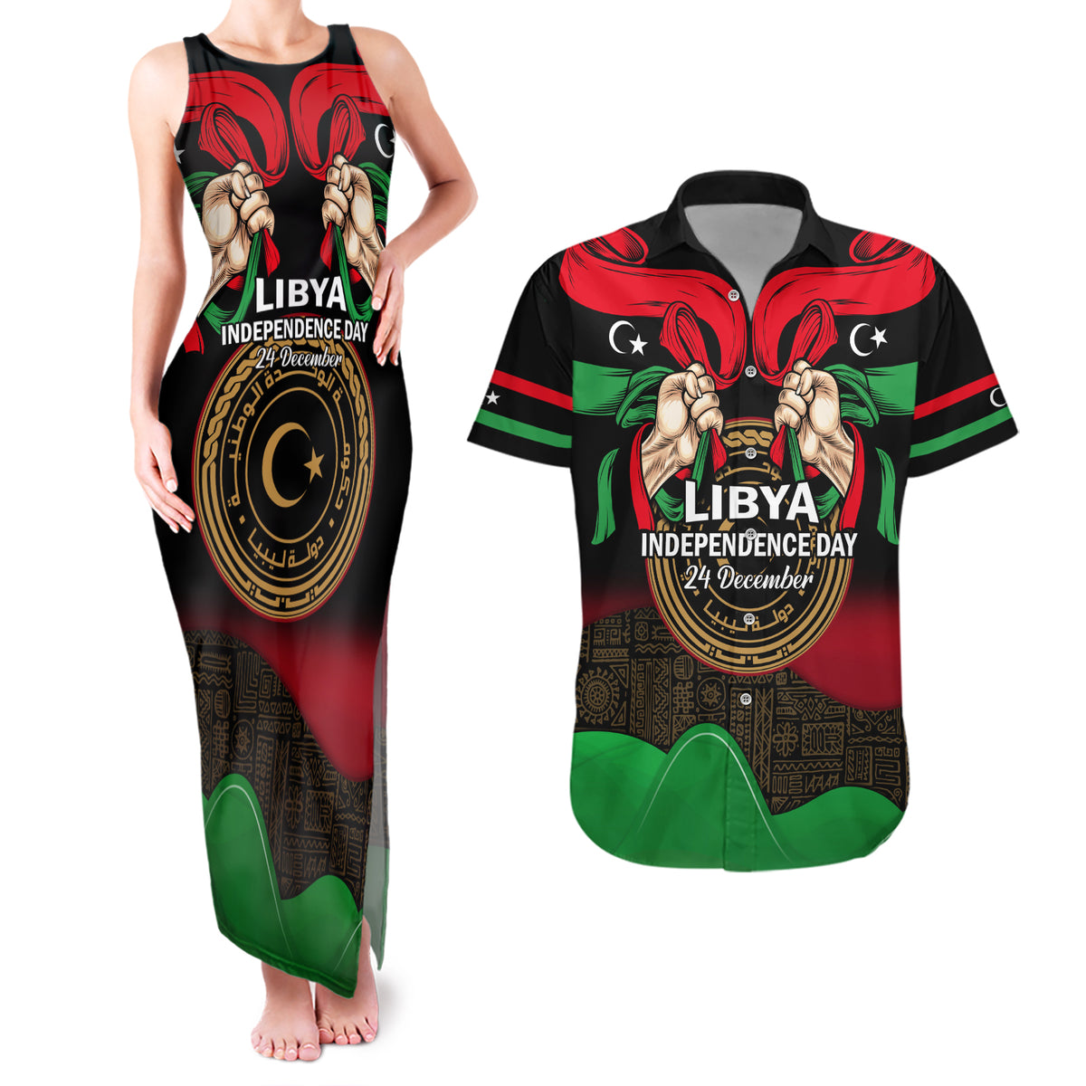 Libya Independence Day Couples Matching Tank Maxi Dress and Hawaiian Shirt Happy 24 December African Pattern Flag Style - Wonder Print Shop