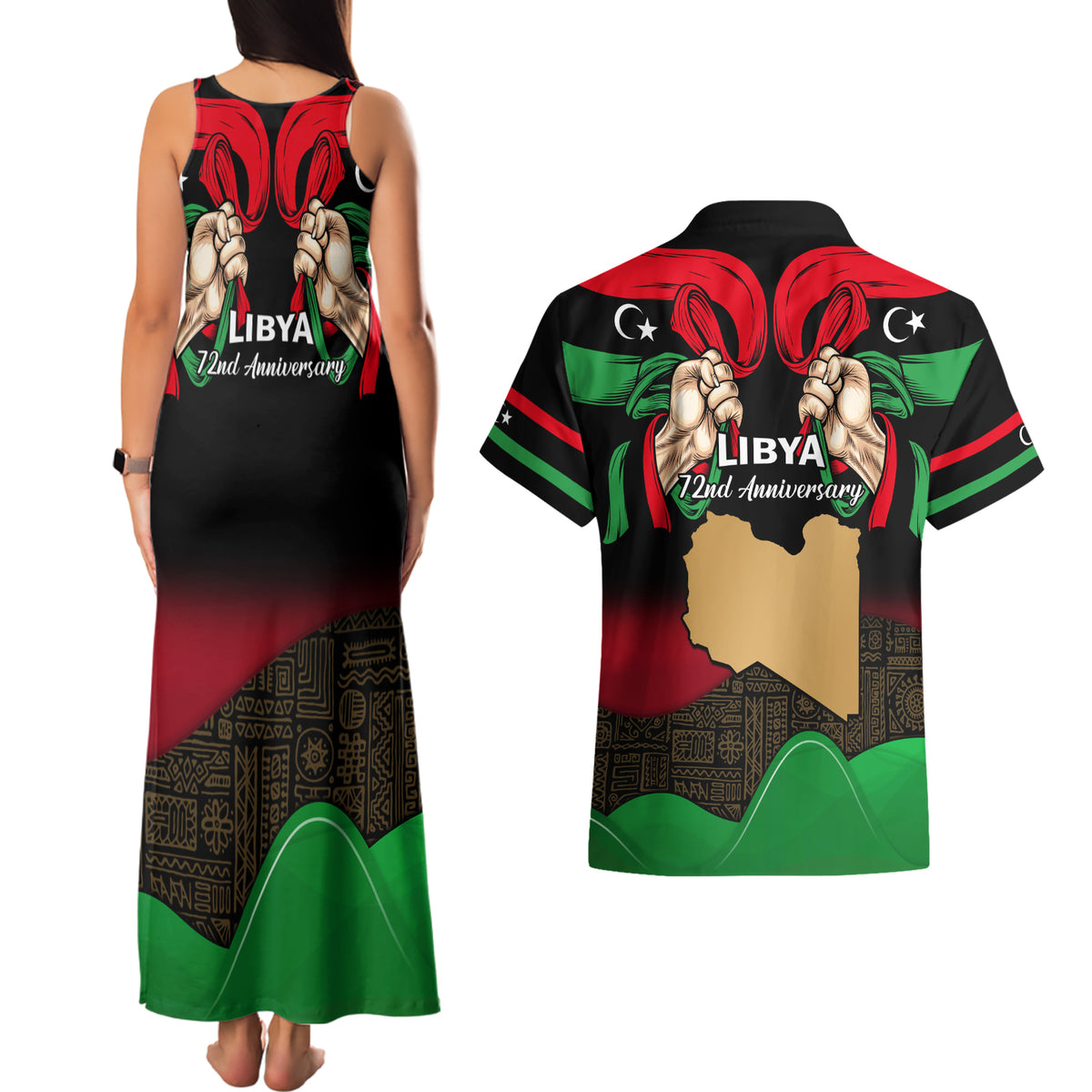 Libya Independence Day Couples Matching Tank Maxi Dress and Hawaiian Shirt Happy 24 December African Pattern Flag Style - Wonder Print Shop