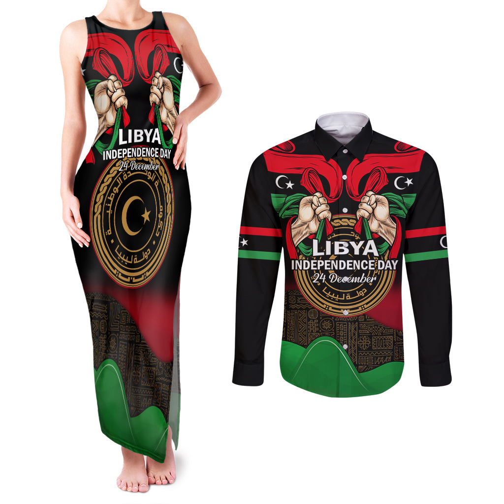 Libya Independence Day Couples Matching Tank Maxi Dress and Long Sleeve Button Shirt Happy 24 December African Pattern Flag Style - Wonder Print Shop