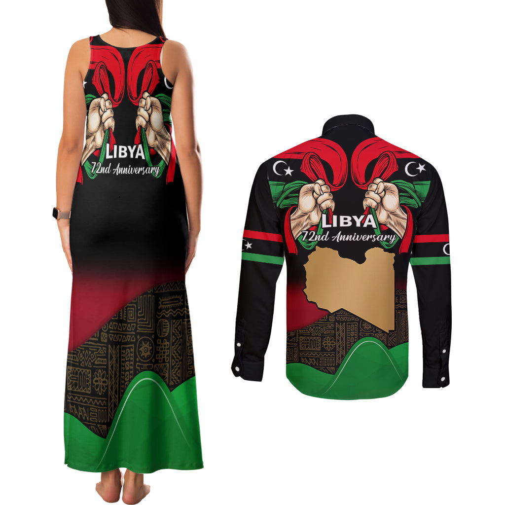 Libya Independence Day Couples Matching Tank Maxi Dress and Long Sleeve Button Shirt Happy 24 December African Pattern Flag Style - Wonder Print Shop