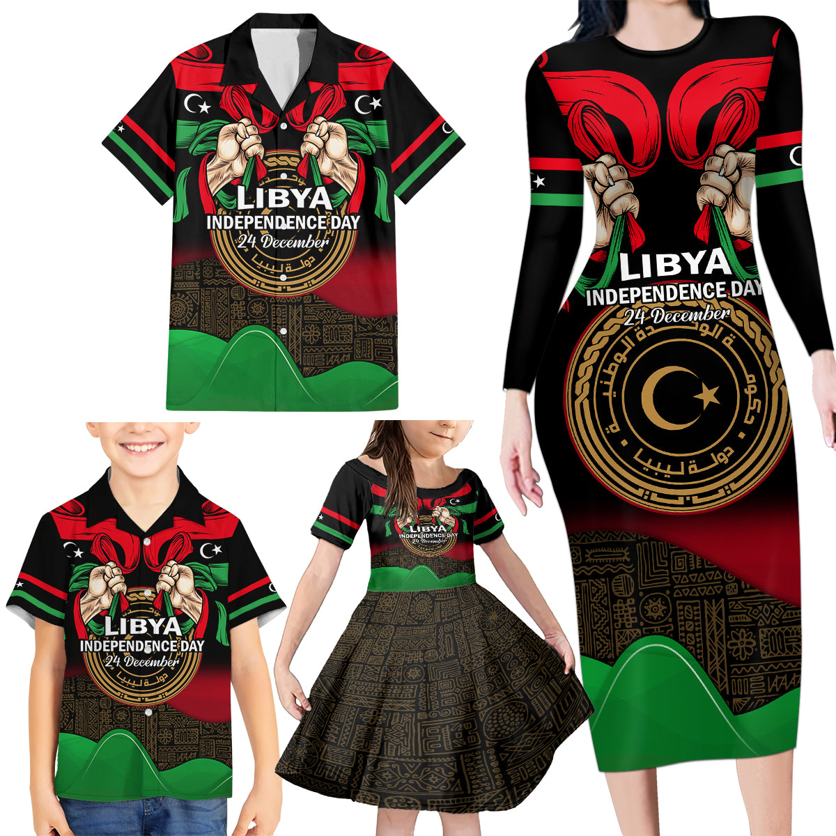 Libya Independence Day Family Matching Long Sleeve Bodycon Dress and Hawaiian Shirt Happy 24 December African Pattern Flag Style - Wonder Print Shop