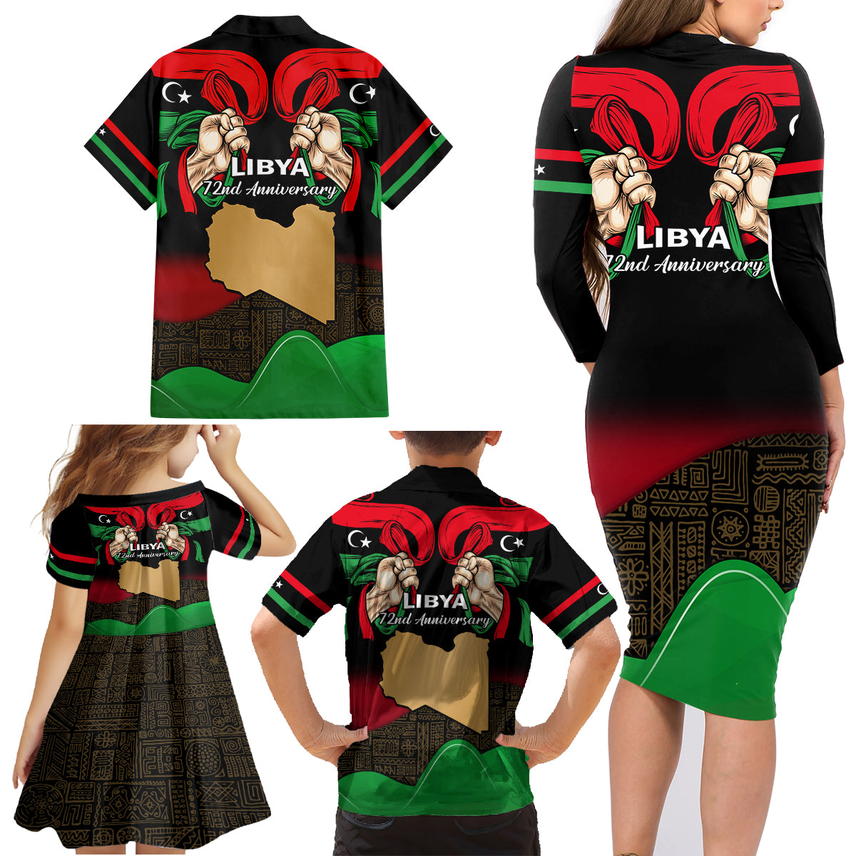 Libya Independence Day Family Matching Long Sleeve Bodycon Dress and Hawaiian Shirt Happy 24 December African Pattern Flag Style - Wonder Print Shop