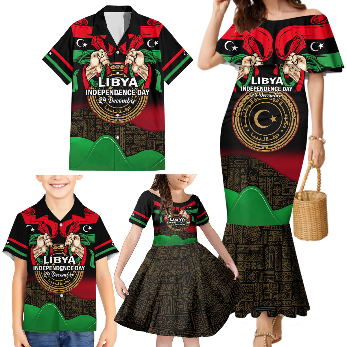 Libya Independence Day Family Matching Mermaid Dress and Hawaiian Shirt Happy 24 December African Pattern Flag Style - Wonder Print Shop