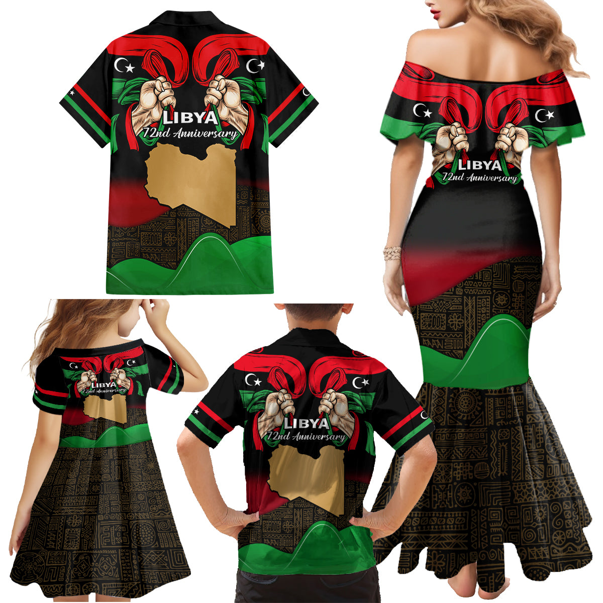 Libya Independence Day Family Matching Mermaid Dress and Hawaiian Shirt Happy 24 December African Pattern Flag Style - Wonder Print Shop
