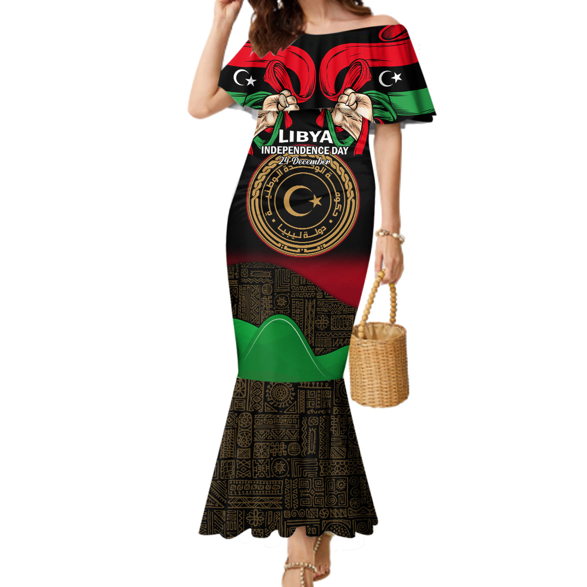 Libya Independence Day Family Matching Mermaid Dress and Hawaiian Shirt Happy 24 December African Pattern Flag Style - Wonder Print Shop