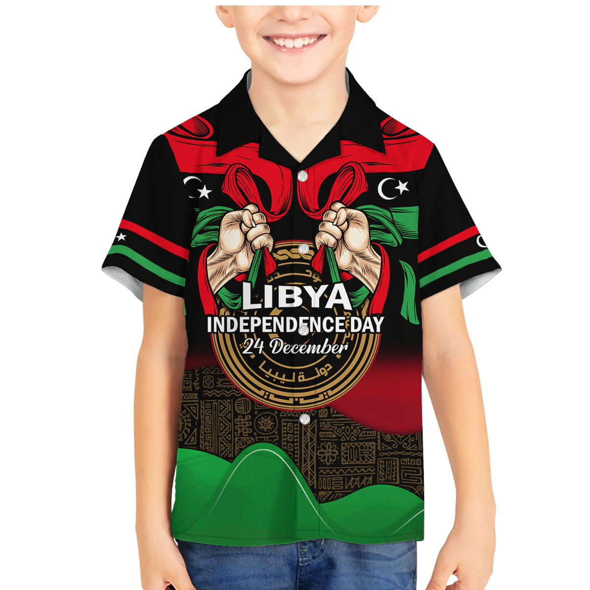 Libya Independence Day Family Matching Mermaid Dress and Hawaiian Shirt Happy 24 December African Pattern Flag Style - Wonder Print Shop