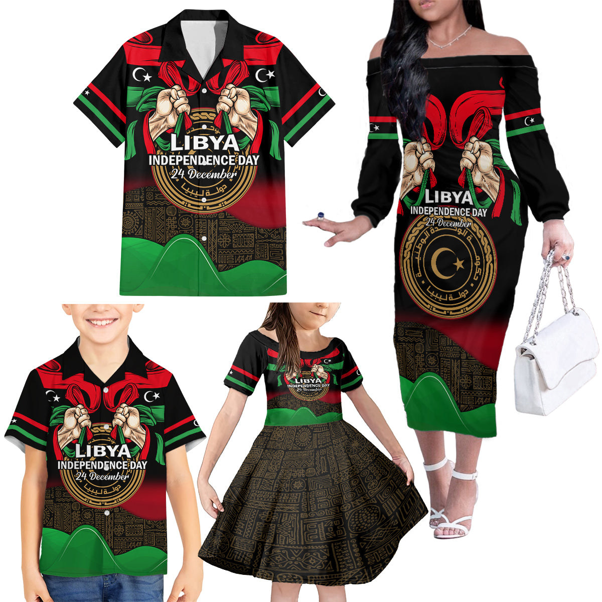 Libya Independence Day Family Matching Off Shoulder Long Sleeve Dress and Hawaiian Shirt Happy 24 December African Pattern Flag Style - Wonder Print Shop
