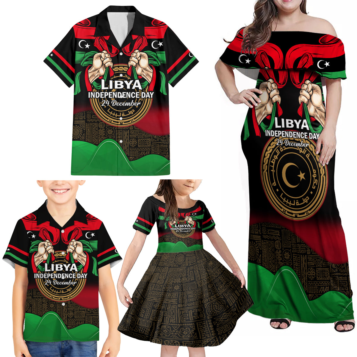 Libya Independence Day Family Matching Off Shoulder Maxi Dress and Hawaiian Shirt Happy 24 December African Pattern Flag Style - Wonder Print Shop