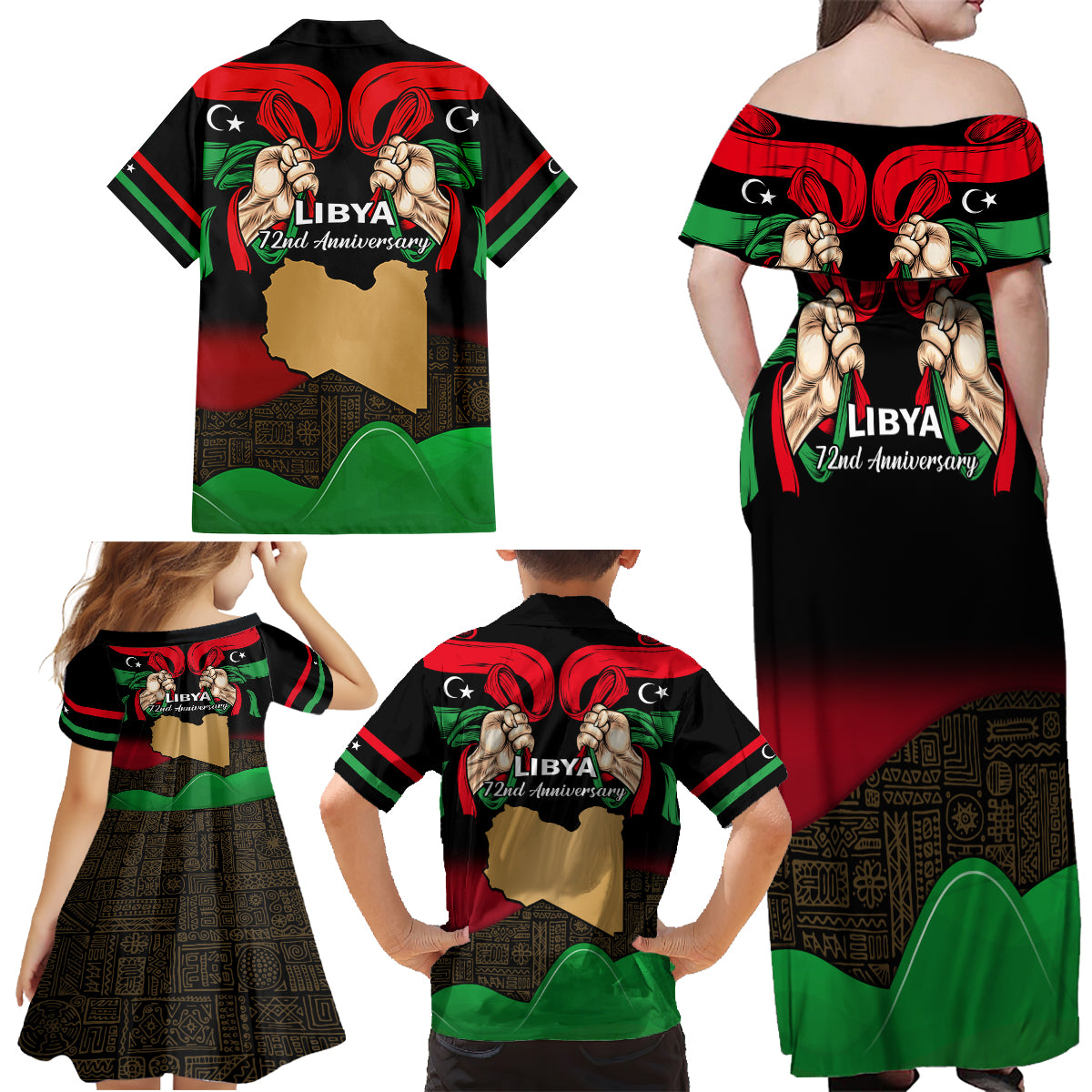 Libya Independence Day Family Matching Off Shoulder Maxi Dress and Hawaiian Shirt Happy 24 December African Pattern Flag Style - Wonder Print Shop