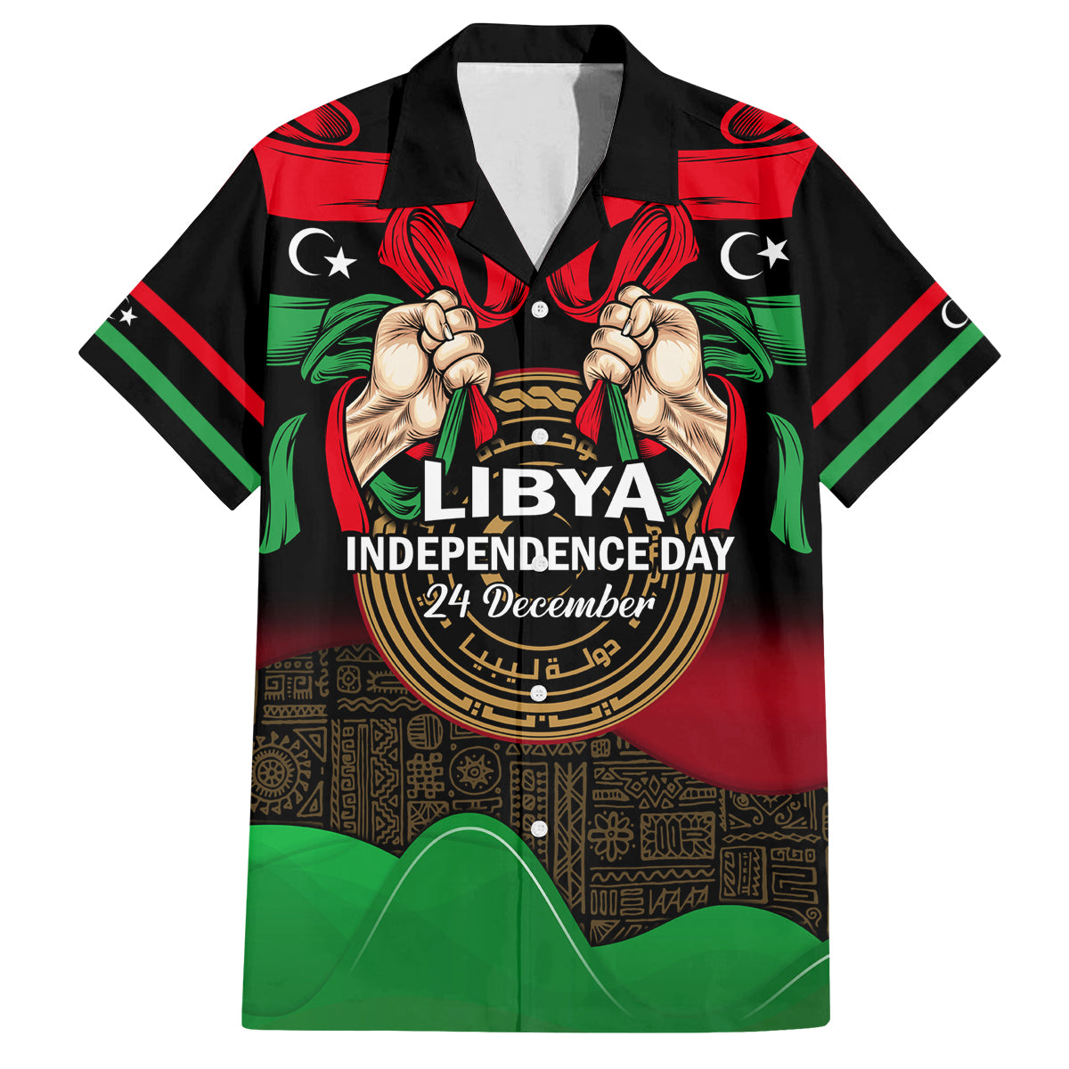 Libya Independence Day Family Matching Off Shoulder Maxi Dress and Hawaiian Shirt Happy 24 December African Pattern Flag Style - Wonder Print Shop